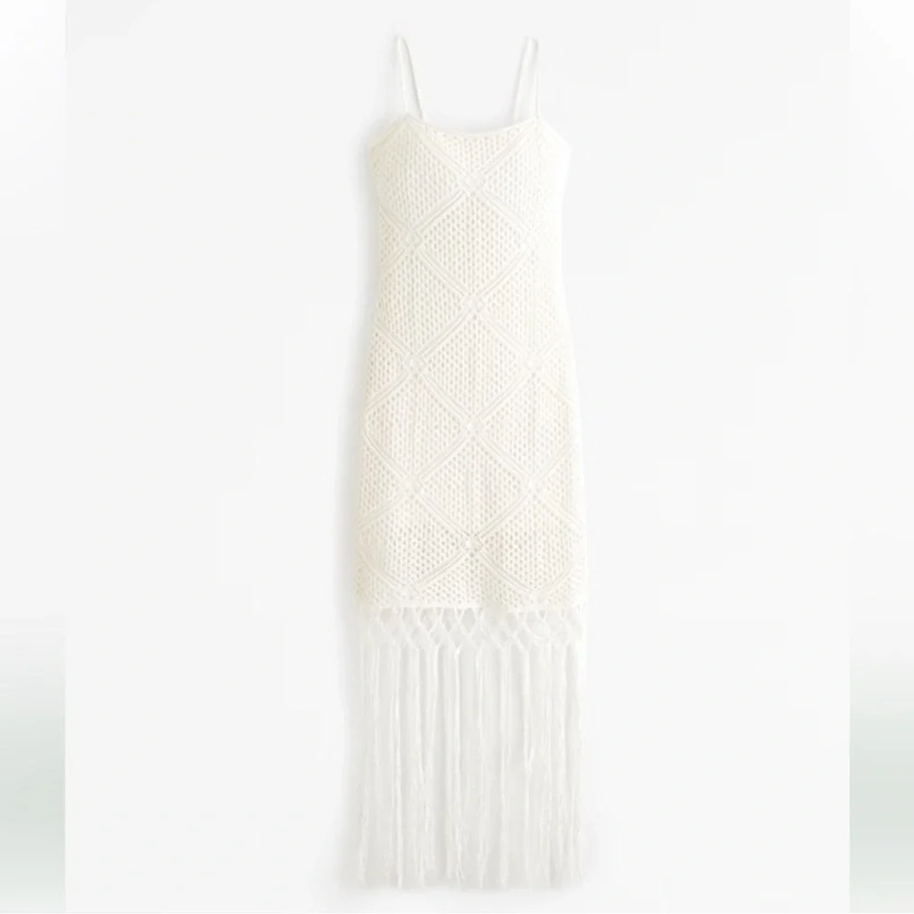 NWOT Abercrombie & Fitch Cream Crochet Fringe Maxi Dress Size S